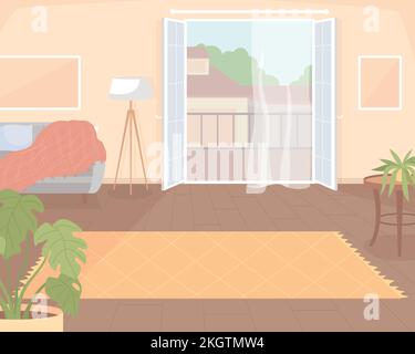 Living room with balcony flat color vector illustration Stock Vector ...