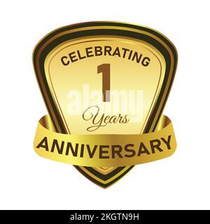 1-year special anniversary badge design with golden gradient color. Anniversary royal badge design with a shield shape. Golden and Black badge design Stock Vector