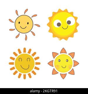 Sun sticker with a round shape and yellow, orange color. Cute sun with smiling face. Orange color sunray coming out from sun vector design. Sun vector Stock Vector