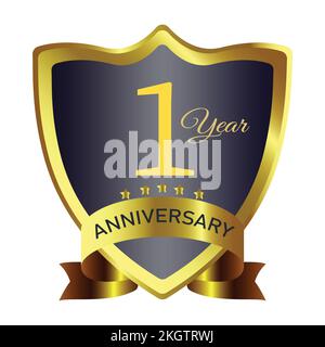 Ten years anniversary badge design with golden gradient color. Anniversary royal badge design with a shield shape and stars. Golden and Black badge de Stock Vector
