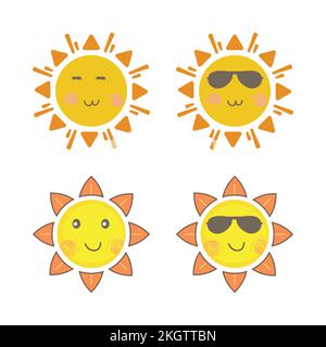Sun sticker with a round shape and yellow, orange color. Cute sun with smiling face and cool sunglasses. Red sunray coming out from sun vector design. Stock Vector