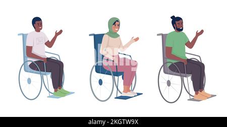 Disabled patients in wheelchairs semi flat color vector characters set Stock Vector