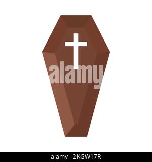 Halloween scary 3D style coffin vector design on a white background. Halloween coffin design with wood color shade and Christian cross. 3D Coffin vect Stock Vector