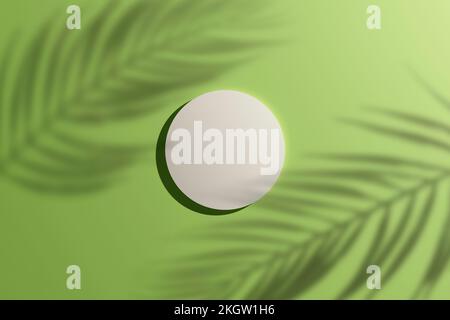 Realistic 3d rendering platform for product display on green pastel background with leaf shadows. Top view. Stock Photo