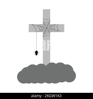 Halloween scary cracked stone tomb vector with a spider. Halloween illustration design with the stone tomb and Christian sign. Old scary tomb design w Stock Vector