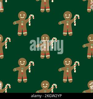 Cute gingerbread men, candy canes vector pattern background. Traditional Christmas smiling laughing cookie character motifs on dark green backdrop Stock Vector