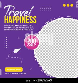 Travel agency flyer design with purple, red, white, and yellow color. Travel agency banner design with discount offer. Template design collection on a Stock Vector