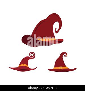 Halloween witch hat design with dark maroon and golden color. Scary witch hat vector design collection on a white background for Halloween. Spooky vec Stock Vector