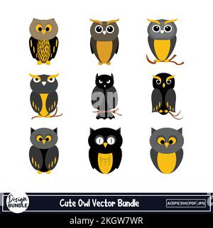 Halloween scary owl vector design on a white background. Owl design with black color and scary evil face. Halloween spooky owl design collection. Stock Vector