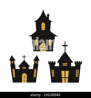 Halloween spooky castle silhouette design with black and yellow color. Haunted castle silhouette design collection on a white background for Halloween Stock Vector