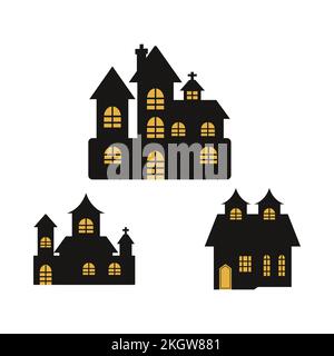 Haunted castle silhouette design collection on a white background for Halloween. Spooky vector design collection for Halloween. Halloween spooky castl Stock Vector