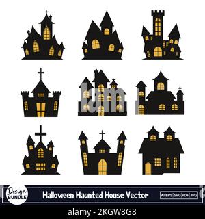 Halloween scary haunted house vector design on a white background. Haunted house design with black shade and yellow color. Halloween spooky house desi Stock Vector