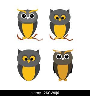 Halloween cute owl design with ash, black and golden color. Cute-faced owl vector design collection on a white background for Halloween. Spooky vector Stock Vector