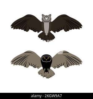 Halloween owl design with ash, black and golden color. Scary owl vector design collection with spread wings on a white background for Halloween. Spook Stock Vector