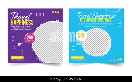 Travel agency flyer design with purple, blue, white, and yellow color. Travel agency banner design with discount offer. Banner design collection on a Stock Vector