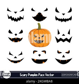 Halloween pumpkin face vector design collection on a white background. Pumpkin face design with evil smile collection with a yellow pumpkin. Scary fac Stock Vector