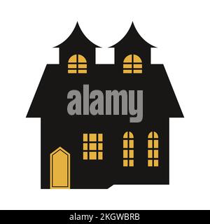 Haunted house vector design on a white background. Halloween haunted house silhouette design with yellow color shade. Design for Halloween event with Stock Vector