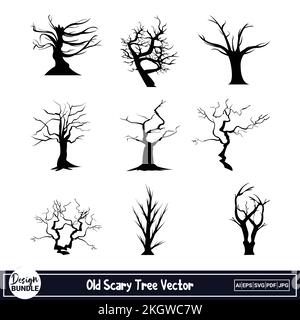 Halloween scary dead tree silhouette design on a white background. Dead tree vector design with dark black color. Halloween tree silhouette collection Stock Vector