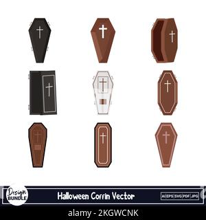 Halloween scary coffin vector design on a white background. Vampire coffin design with wood color and black shade. Halloween spooky vampire coffin des Stock Vector