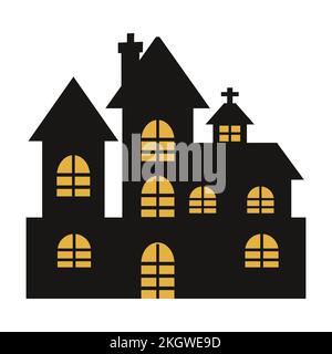 Haunted scary castle vector design on a white background. Halloween spooky castle silhouette design with yellow color shade. Design for Halloween even Stock Vector