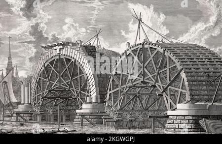 The original Blackfriars Bridge under construction in 1766, London, UK Stock Photo