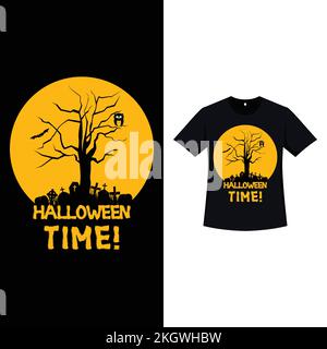 Halloween black color T-shirt design with a haunted dead tree and vintage color. Halloween element silhouette design with a dead tree, bat, and owl. S Stock Vector