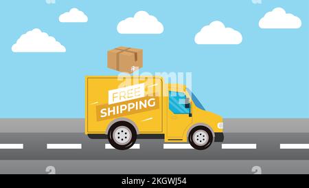 Free shipping service vector illustration. Cartoon running yellow delivery truck design. Free delivery services concept design. Delivery truck and box Stock Vector