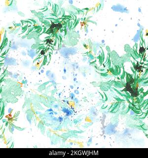 Seamless pattern with branches and marbles. Watercolor, painted by hand with paper texture. White background. Stock Photo