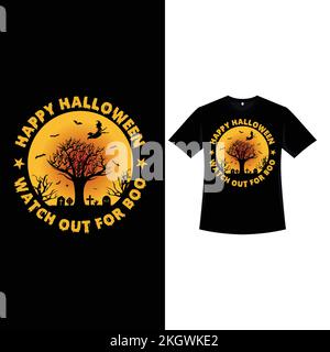 Halloween fashion T-shirt design with a scary dead tree, grunge effect, and calligraphy. Halloween scary T-shirt design with vintage color and a spook Stock Vector