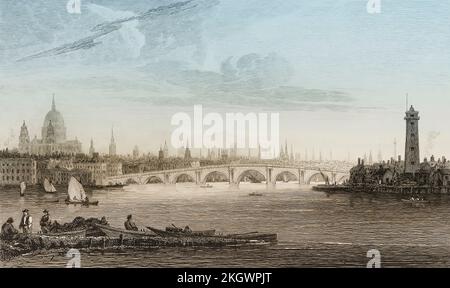 The original Blackfriars Bridge seen from Hungerford, panorama of Old London Stock Photo