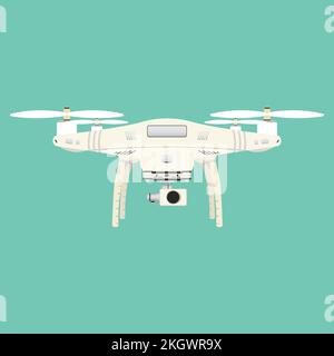Drone isolated on a green background. Realistic Drone illustration. Quadcopter with the camera. Remote aerial drone with a camera taking photography o Stock Vector