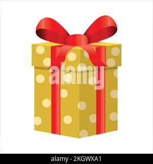 Christmas gift vector design on a white background. Round gift box design with yellow color wrap paper with white round shape and red color ribbon. Gi Stock Vector
