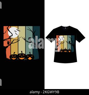 Halloween retro color T-shirt design with some scary pumpkin lanterns and dead trees. Halloween scary black T-shirt design with moon and bats silhouet Stock Vector