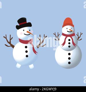 Christmas element design with two happy snowmen. Winter snowmen design with legs, neck muffler, tree branch, carrot nose, gloves, hat, and buttons. Cu Stock Vector