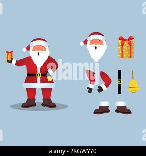 Christmas Santa Claus vector design on a rusty light blue background. Santa Claus elements design with a Christmas gift and ring bell. A Santa Clause Stock Vector