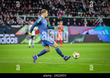 Wolfsburg, Germany, March 20, 2019: German goalkeeper Manuel Neuer kicks the ball during the international friendly game between Germany and Serbia Stock Photo