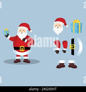 Christmas Santa Claus vector design on a rusty light blue background. Santa Claus elements design with a blue color gift. A Santa Clause vector illust Stock Vector