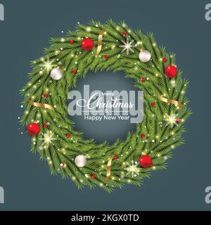 Christmas realistic door wreath with luxurious red and white decoration balls. Realistic pine wreath design with 3D balls, ribbons, and snowflakes. Ch Stock Vector