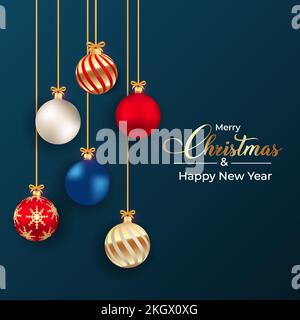 Christmas tree decoration elements with luxurious red, blue, white, and golden color and golden ribbon. 3D ball design with snowflake and stirp art. R Stock Vector