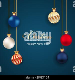 Christmas blue color background with luxurious red, blue, white, and golden decoration balls. 3D ball design with multiple colors on a dark blue backg Stock Vector