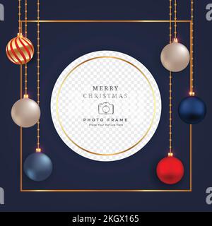 Christmas photo frame design with luxurious red, blue, and white decorative balls. Realistic social media photo frame design with the 3D balls. Christ Stock Vector