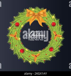 Christmas wreath with green leaves. Wreath vector with red balls and a golden ribbon. Christmas wreath on dark background. Christmas cherry fruit with Stock Vector