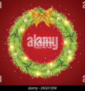 Christmas green wreath design with star-shaped decoration light balls. Green color wreath design with lights and red fruits. Christmas wreath design w Stock Vector