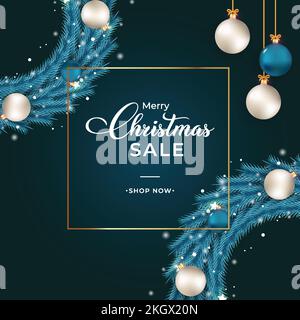 Christmas sales banner with blue wreath. Sales banner with wreath, white balls, blue balls. Christmas wreath on dark background. Christmas banner temp Stock Vector