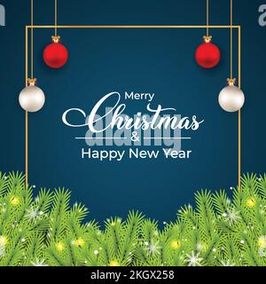 Christmas social media banner with pine leaves. Banner with leaves, white balls, red balls. Christmas card on a dark background. Christmas social medi Stock Vector