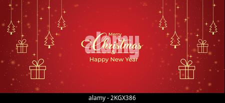 Christmas card with golden gift box, golden pine tree icon. Shiny red background Christmas banner. Christmas gift card with golden icon elements and r Stock Vector
