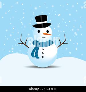 Christmas snowman with cute eyes and a magician hat. A cute snowman on a snow falling background. Christmas snowman design with tree branches, buttons Stock Vector