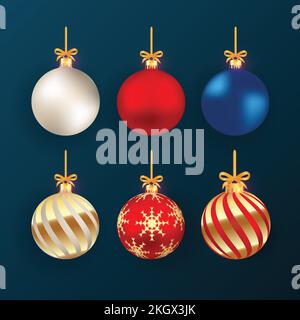 Christmas realistic decoration balls with snowflakes. Realistic balls with red, golden, blue, and white colors. Christmas ball collection on dark back Stock Vector