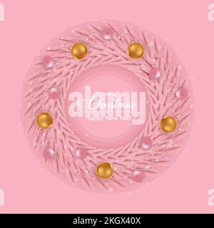 Christmas pink wreath design with pink and golden decoration light balls. Pink color girly wreath design with golden light balls. Christmas wreath des Stock Vector