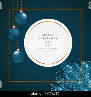 Christmas photo frame elements on a dark background. Photo frame with blue leaf and decoration balls. Holiday photo frame design with snowflakes, blue Stock Vector